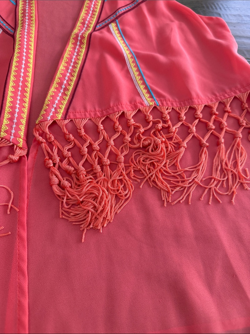Flying Tomato Boho Coral Open Front sheer Vest Fringe Embroidered Geo Trim - Picture 7 of 9
